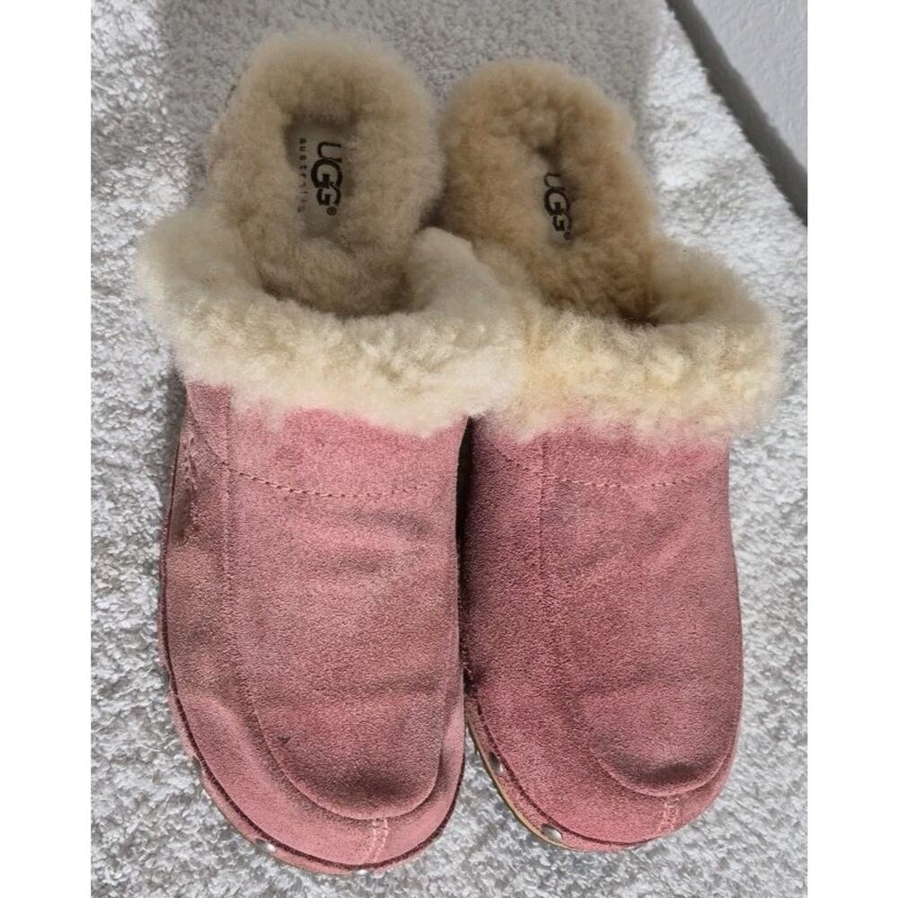 UGG Australia Pink Suede Wood‎ Heel Genuine Fur Sheep Shearling Lined Size 7